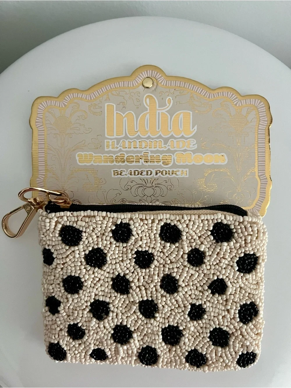 NWT Inda Handmade Wandering Moon Glass Beaded Polka Dot Coin/Keychain Pouch